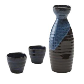 3-Piece Traditional Ceramic Japanese Sake Set Sake Cup Wine Cup Set, Black Blue