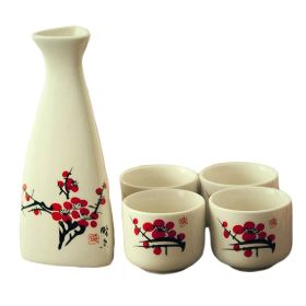 5 Piece Japanese Sake Set Handmade Ceramic Wine Cup Wine Pot, Plum Blossom