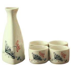 5 Piece Japanese Wine Set Sake Cup Handmade Ceramic Wine Cup Home Decor, Summer Lotus